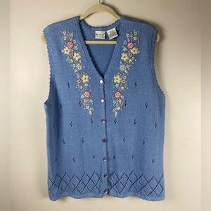 Vintage Two Twenty Blue Cardigan Sweater Vest with Floral Embroidery Sz XL